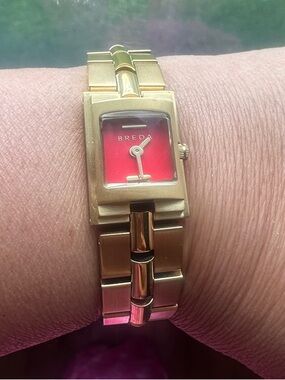 BREDA Gold-Tone Square Bracelet Watch with Red Accent